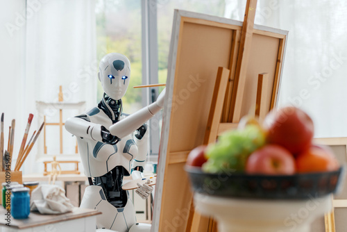 AI robot painting in the art studio