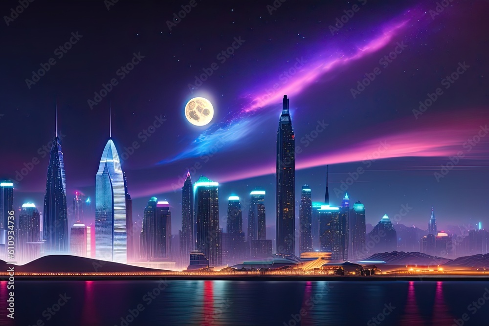 City at Night with Full Moon Generative AI
