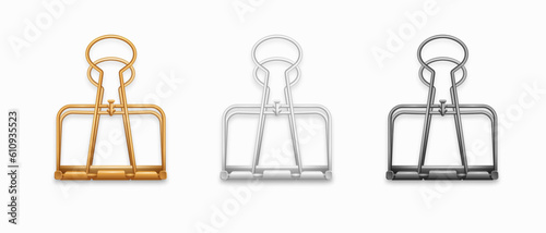 Black, white and golden Paper clip isolated on white background. Realistic object. Vector illustration