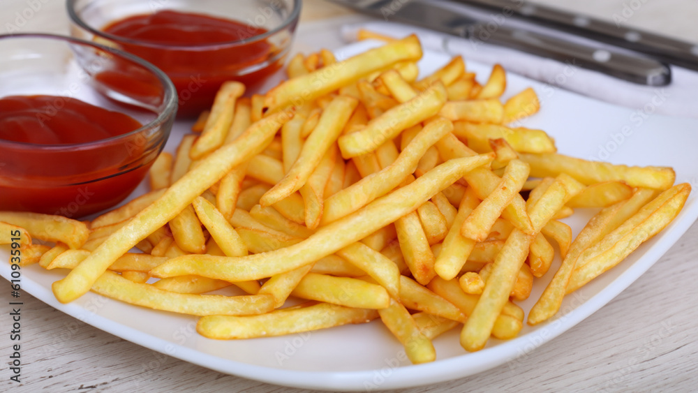 French fries and ketchup on the plate - generative ai French fries and ketchup on the plate - generative ai