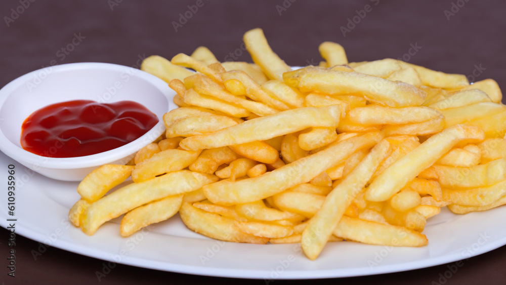 French fries and ketchup on the plate - generative ai French fries and ketchup on the plate - generative ai