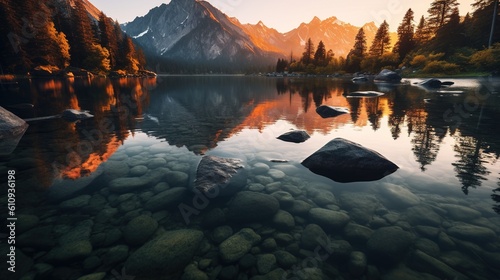 Vibrant photograph of a serene mountain lake, surrounded by a lush forest and majestic snow-capped peaks reflecting on the crystal-clear water, Generative AI
