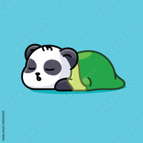 Cute sleeping panda with blanket simple catoon illustration