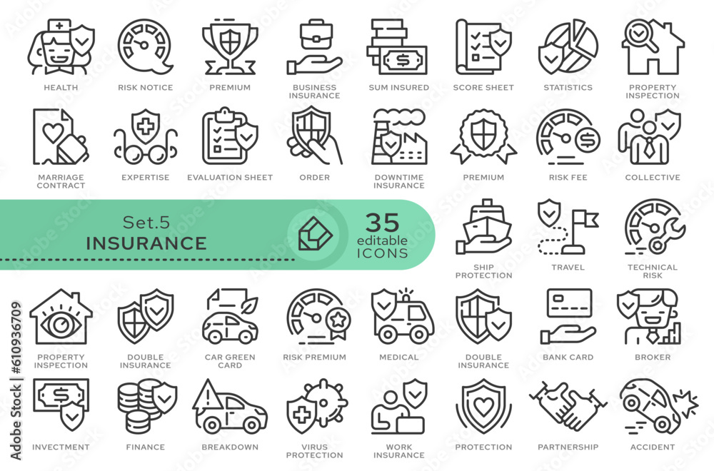 Set of conceptual icons. Vector icons in flat linear style for web sites, applications and other graphic resources. Set from the series - Insurance. Editable outline icon.	
