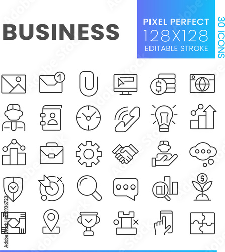 Business pixel perfect linear icons set. Commerce and finance. Digitalization. Customizable thin line symbols. Isolated vector outline illustrations. Editable stroke. Poppins font used