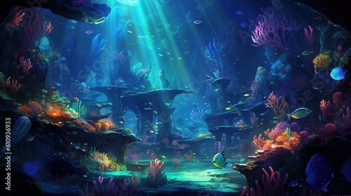 Bright underwater world. Underwater with coral reef and colorful fish. Generative ai.