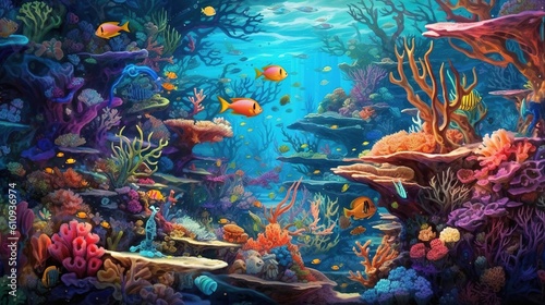 Fototapeta Naklejka Na Ścianę i Meble -  Bright underwater world. Underwater with coral reef and colorful fish. Generative ai.