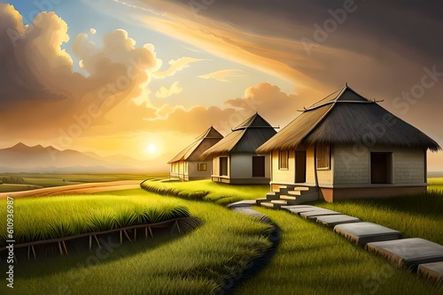 Small indian huts with thatched roof lined up in the middle of a paddy field.