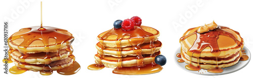 pancakes with honey, syrup and fruit, on a transparent background, Generative AI