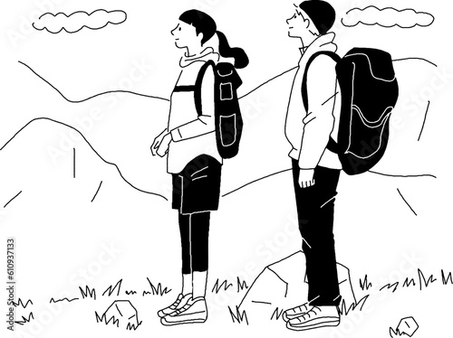 登山をする男女のベクター線画
