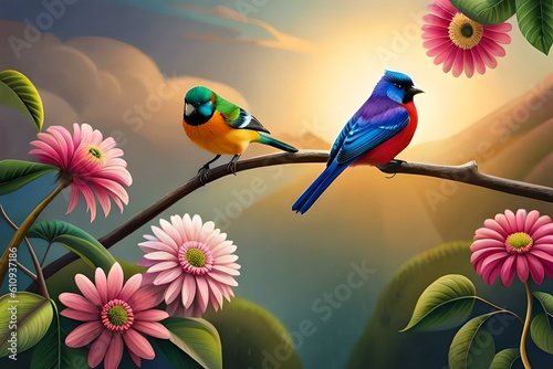 Colorful birds sitting on a branch, created with generative AI. © saurav005