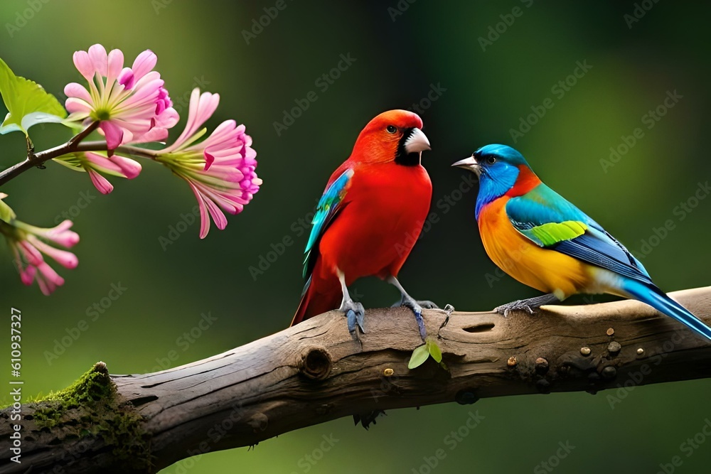 Obraz premium Colorful birds sitting on a branch, created with generative AI.