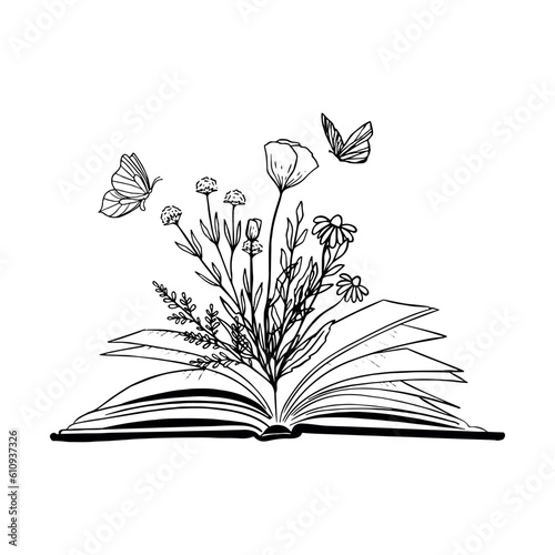 Open book and wildflowers, on isolated background, book table with flowers and butterflies