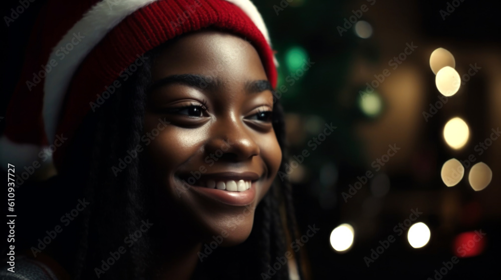 Black girl in santa hat smiling, new year and christmas concept. Generated AI