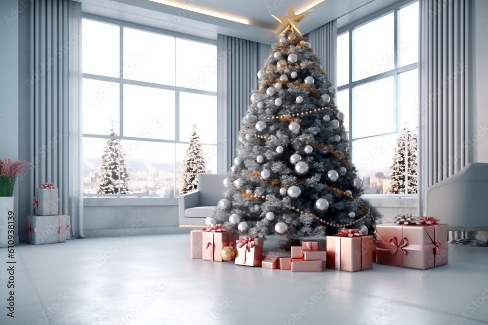 Christmas tree and pink gift boxes with pink bows in interior. Generative AI