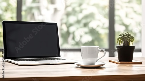 Mockup cup of coffee and laptop. generative AI