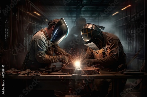 Two welders working in the factory. generative AI