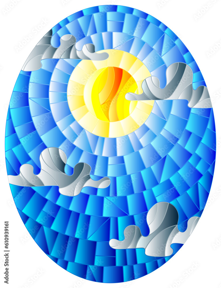 Obraz premium Illustration in stained glass style sun and clouds on blue sky background, oval image