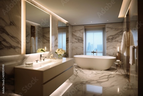 Sophisticated Marble Bathroom Sanctuary. Generative AI