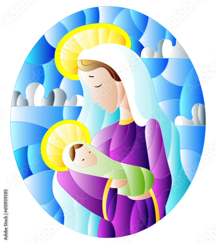 Illustration in stained glass style on biblical theme, Jesus baby with Mary , abstract figures on sky background with clouds, round image