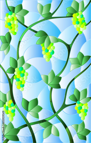 An illustration in the style of a stained glass window with a twisted bunches of ripe grapes on a blue background