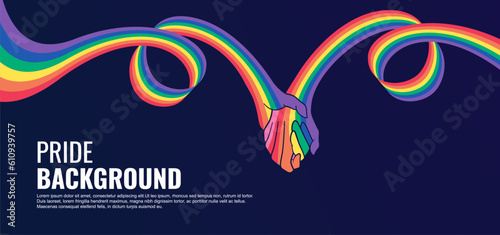LGBT pride abstract background. Vector background with rainbow colors. Rainbow colored wavy abstract lines with the holding hands symbol. Vector Banner Template for Pride Month