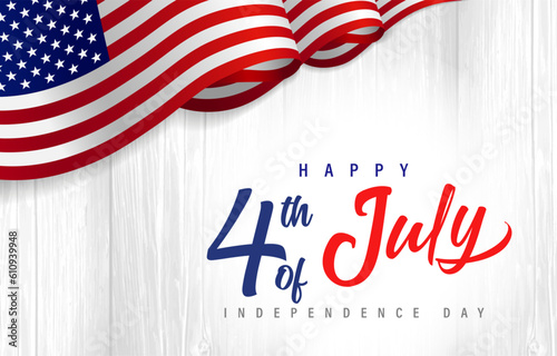 Happy 4th of July Idependence Day, lettering with flag USA on wooden boards. American holiday design with US flag and handwritten text. Vector illustration