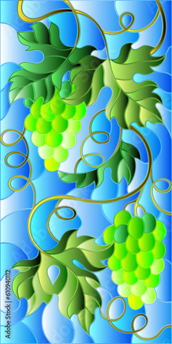 An illustration in the style of a stained glass window with a bunch of ripe grapes on a blue background