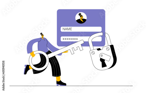A girl opens a virtual lock to her profile. Vector illustration concept on the topic of security in the profile and privacy policy.