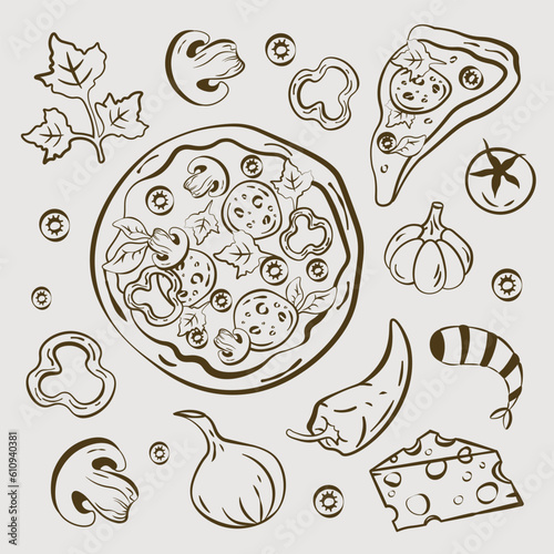 pizza slice of pizza ingredients sketch hand drawing vector