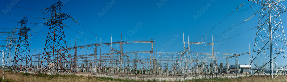 High power electricity poles in urban area. Energy electricity transmission, high voltage supply. Power Lines High power electricity poles in urban area. Energy electricity transmission, high voltage supply. Power Lines