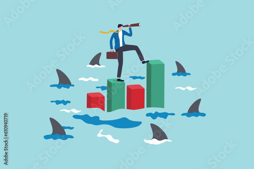 Risk management for investment or stock trading, crypto currency or economic, market volatility or uncertainty challenge, investment strategy concept, businessman with telescope on risky graph.