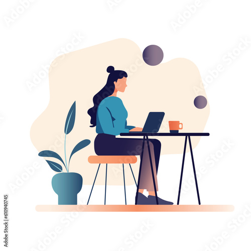 Flat illustration of a woman using a laptop on a table