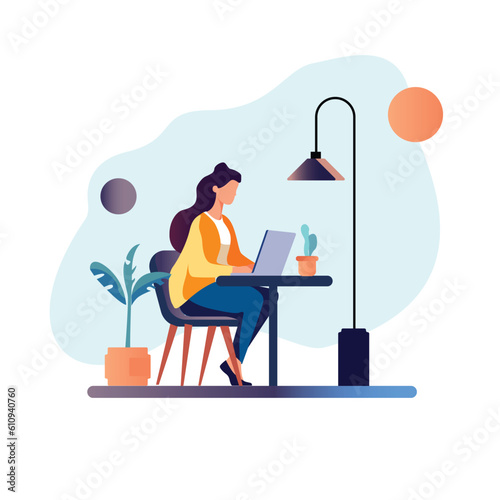 Flat illustration of a woman using a laptop on a table