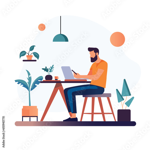 Flat illustration of a man using a laptop on a table