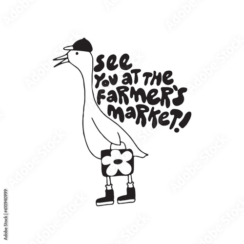 Traveler duck in hat, duck going to farmers market, on isolated background