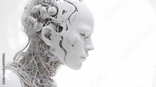 3D render, Visualization of artificial intelligence, AI, KI, Concept Future Robot / Bot Head, pale white, glossy, on white background. Generative AI