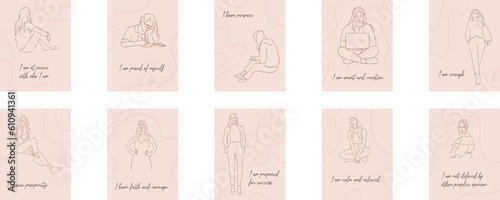 Digital stickers with inspirational quotes for digital journaling or planning. Digital stickers in minimal style.  Hand-drawn young girls, inspirational and motivational quotes. Vector illustration