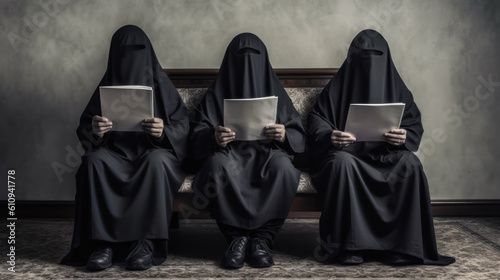 muslim women with black dark burkas sitting and reading books in funeral or wake ceremony. generative ai photo