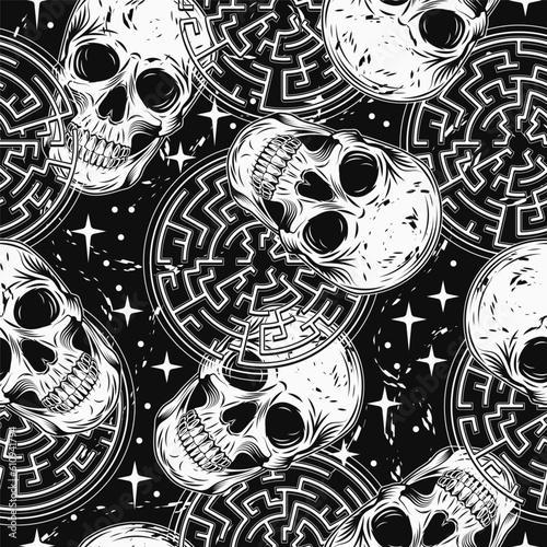 Pattern with human skull, labyrinth, stars. Concept of sacred spirit, magic, expanded mind, psychic abilities. Mystical surreal illustration. For prints, clothing, t shirt, textile, surface design