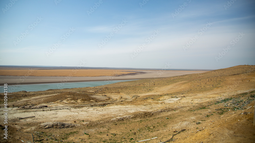 lake in a desert with dry land
