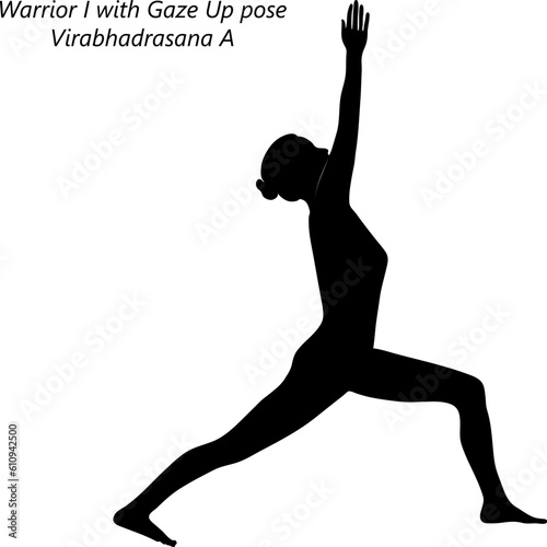 Flat black silhouette of young woman practicing yoga, doing Warrior 1 with Gaze Up pose. Virabhadrasana A. Standing and Balancing. Beginner. Vector illustration isolated on transparent background.