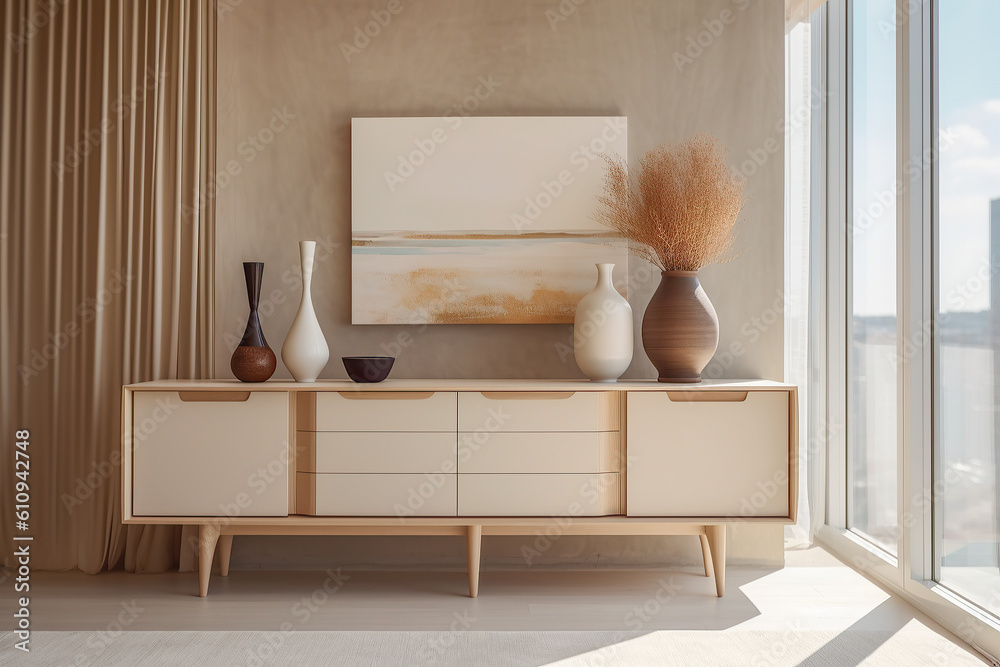 Interior design composition with a modern sideboard next to a large window. Generative AI Interior design composition with a modern sideboard next to a large window. Generative AI