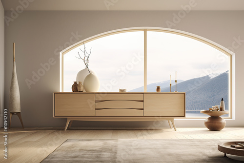 Interior design composition with a modern sideboard next to a large window. Generative AI