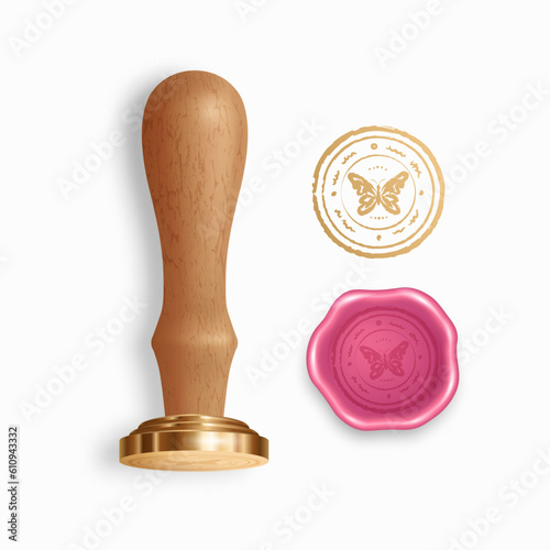Realistic rubber stamp, wax stamp and wax seal with butterfly silhouette isolated on white background. Vector illustration