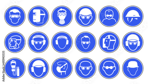 Mandatory signs in production. Used for industrial purposes for head protection. Vector graphics.