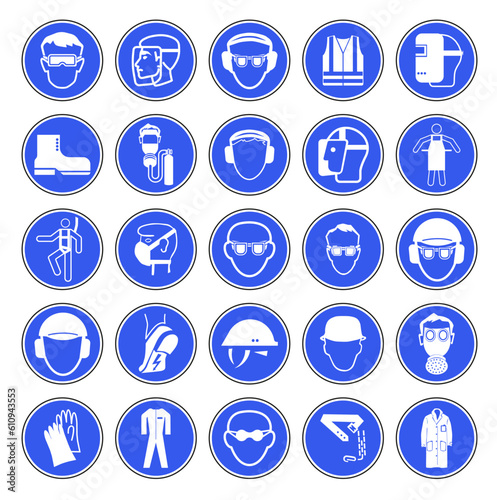 Mandatory signs in production. Used for industrial purposes. Vector graphics.