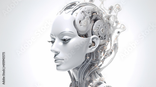 3D render  Visualization of artificial intelligence  AI  KI  Concept Future Robot   Bot Head  pale white  glossy  on white background. Generative AI