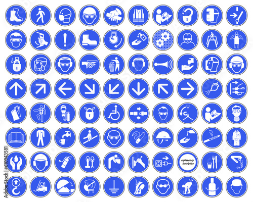 Mandatory signs in production. Used for industrial purposes. Vector graphics.
