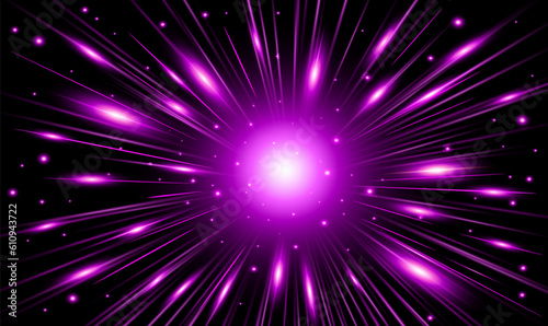 Fototapeta Naklejka Na Ścianę i Meble -  Purple glowing lines and particles of strong energy, magic in black space.
